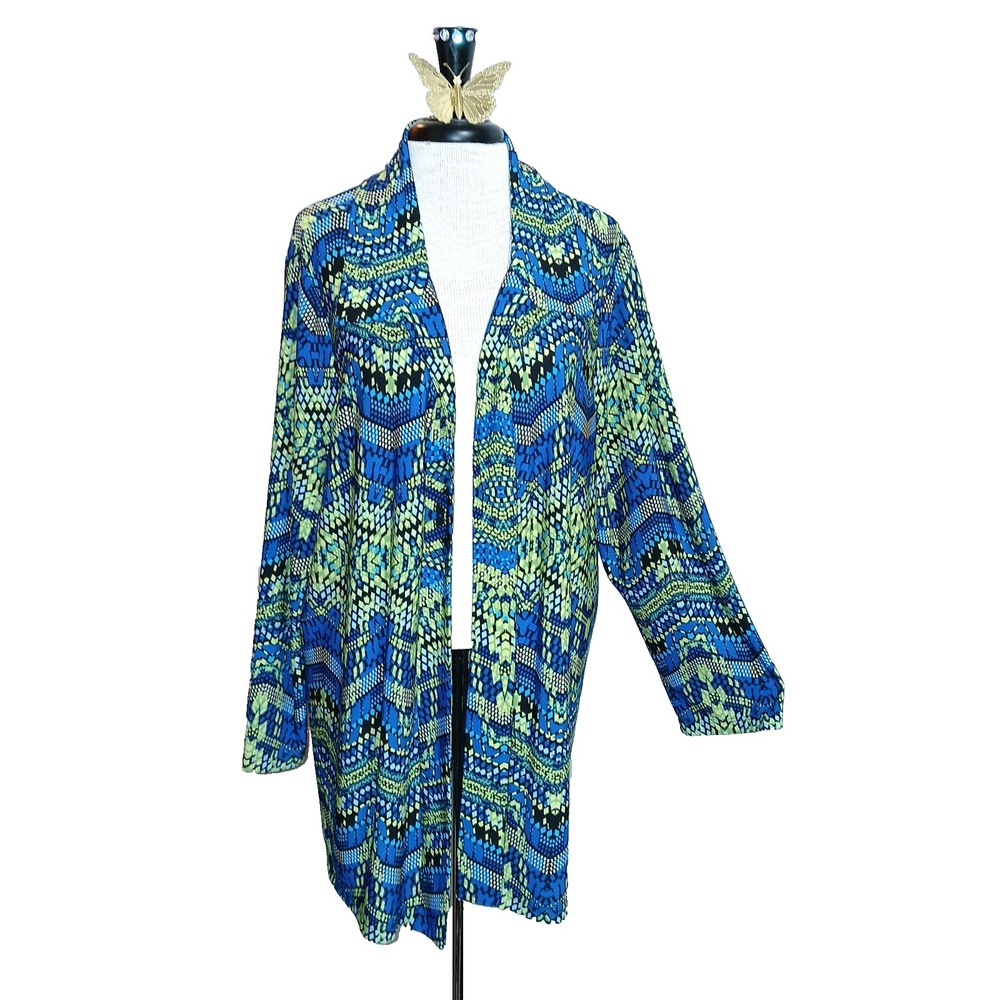 Travel Elements Women Cardigan 2X Blue Green Geometric Interview Work Career Job